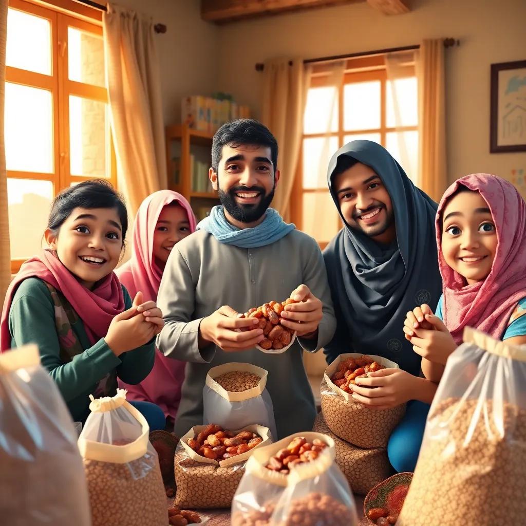 Ahmad and his family joyfully packing dates and grains into small bags, surrounded by the warmth of their home, bright colors, happy expressions, light streaming through the windows, engaging scene, high quality