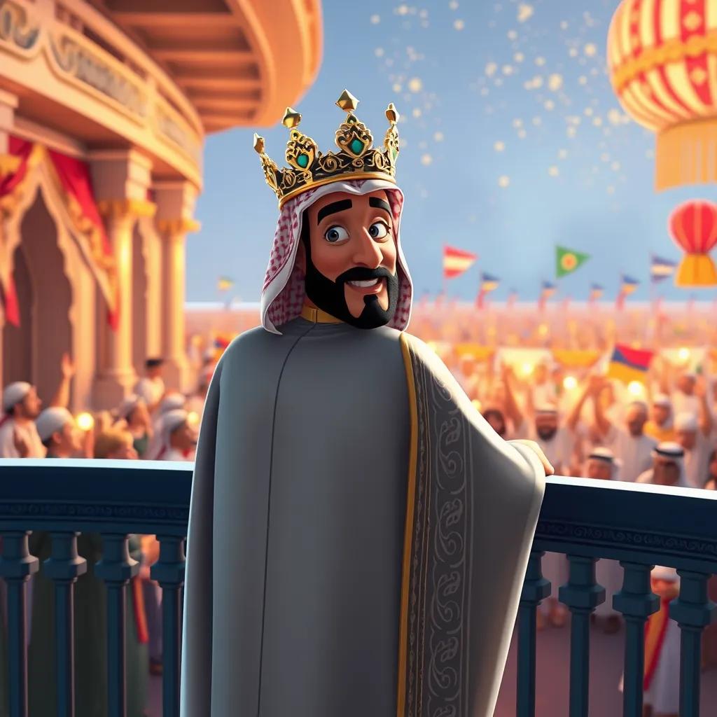 A wise and kind king, محمد, wearing traditional Saudi attire with a royal crown, standing on a balcony overlooking a joyful crowd celebrating a national holiday.