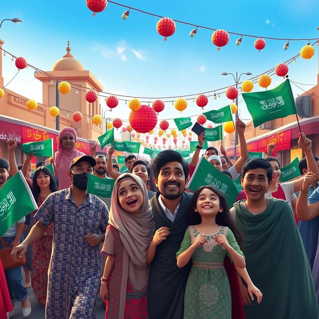 People celebrating in the streets, dancing, and singing with colorful decorations and Saudi flags. Families enjoying happiness and smiles on their faces.