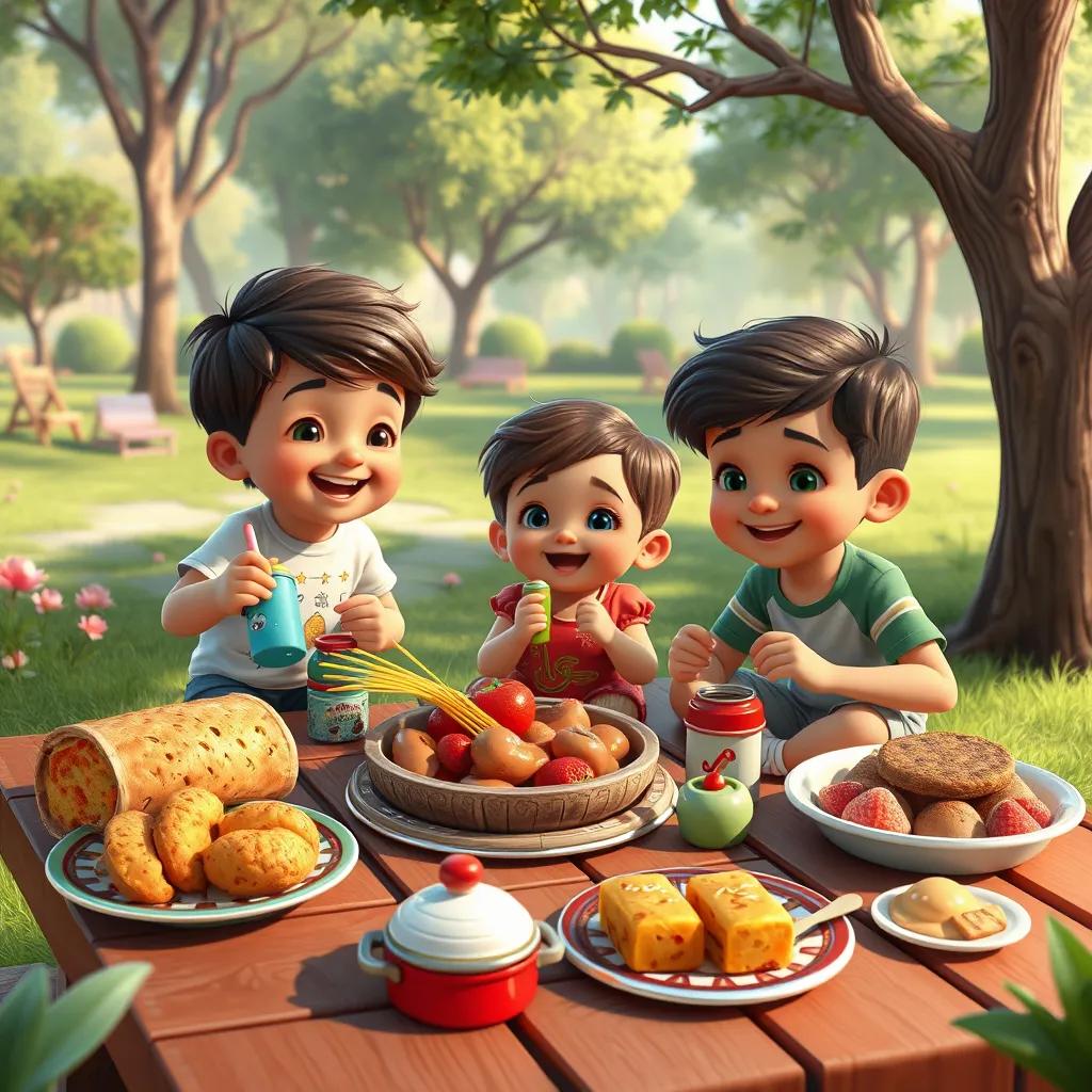 Happy children playing in a park with their favorite toys, surrounded by delicious traditional food like kabsa and desserts on picnic tables.