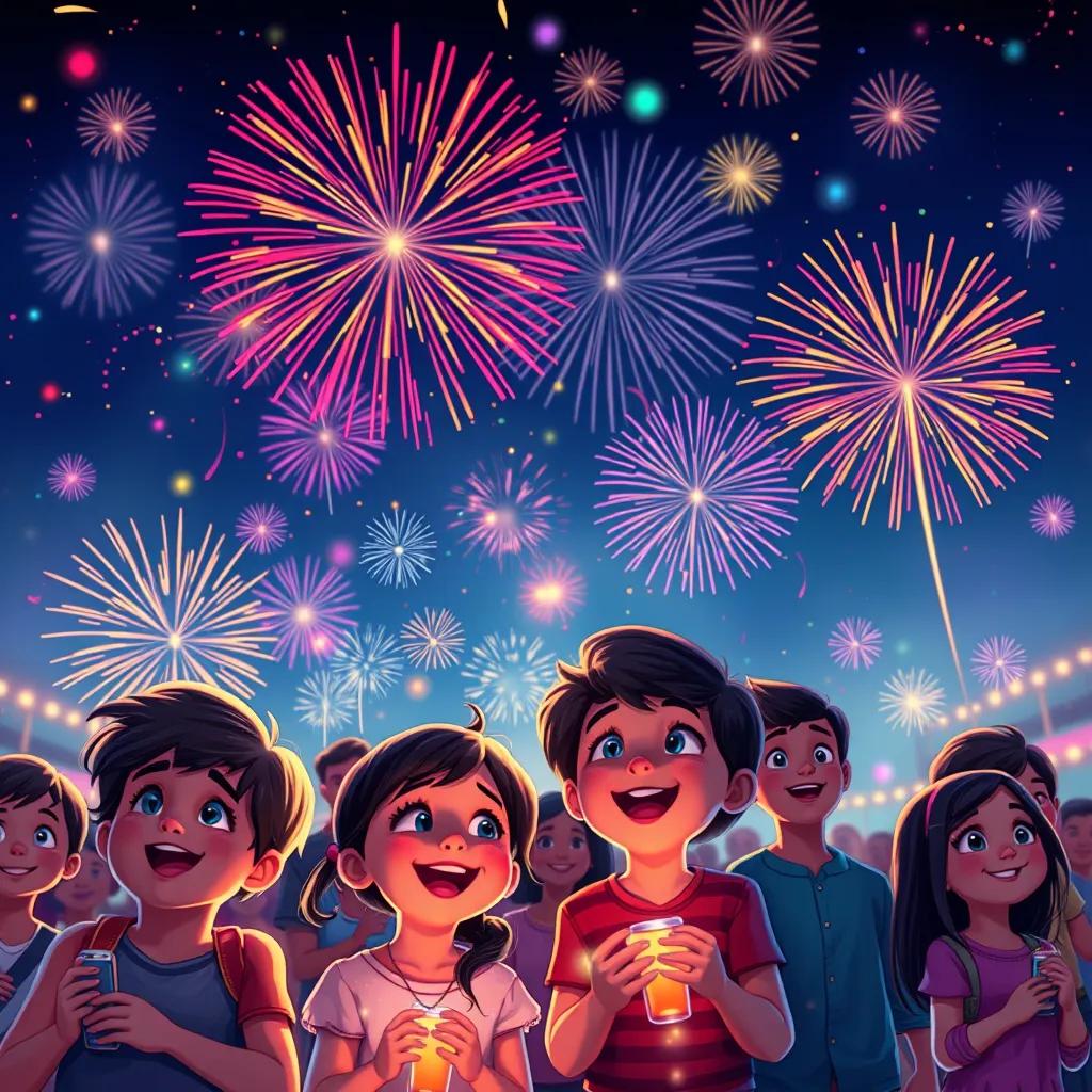 A vibrant night sky filled with colorful fireworks, lighting up the faces of amazed children and families enjoying the beauty of the celebration.
