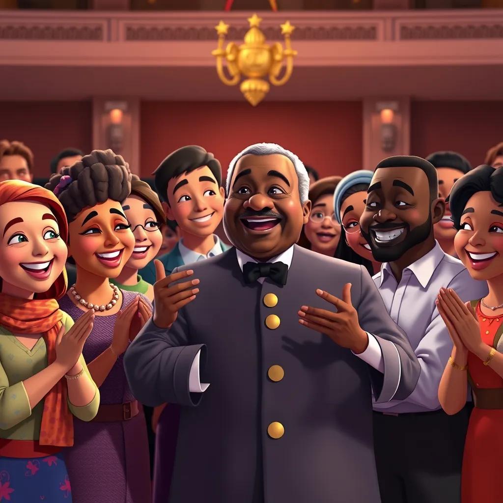 A diverse group of people thanking King محمد with smiles and joy, capturing the spirit of unity and happiness after a wonderful celebration.