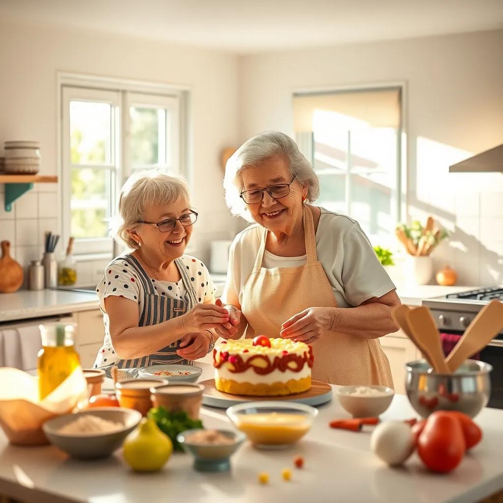 A warm, sunny kitchen with a grandmother and a child, baking a cake together, ingredients scattered around, cheerful atmosphere, digital art, bright colors, homey vibe, inviting scene, high quality