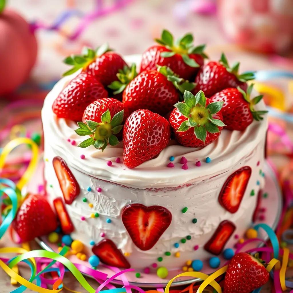 A beautifully decorated cake with fresh strawberries on top, surrounded by colorful party decorations, a close-up view that captures the deliciousness, illustration, sweet and joyful, vibrant colors