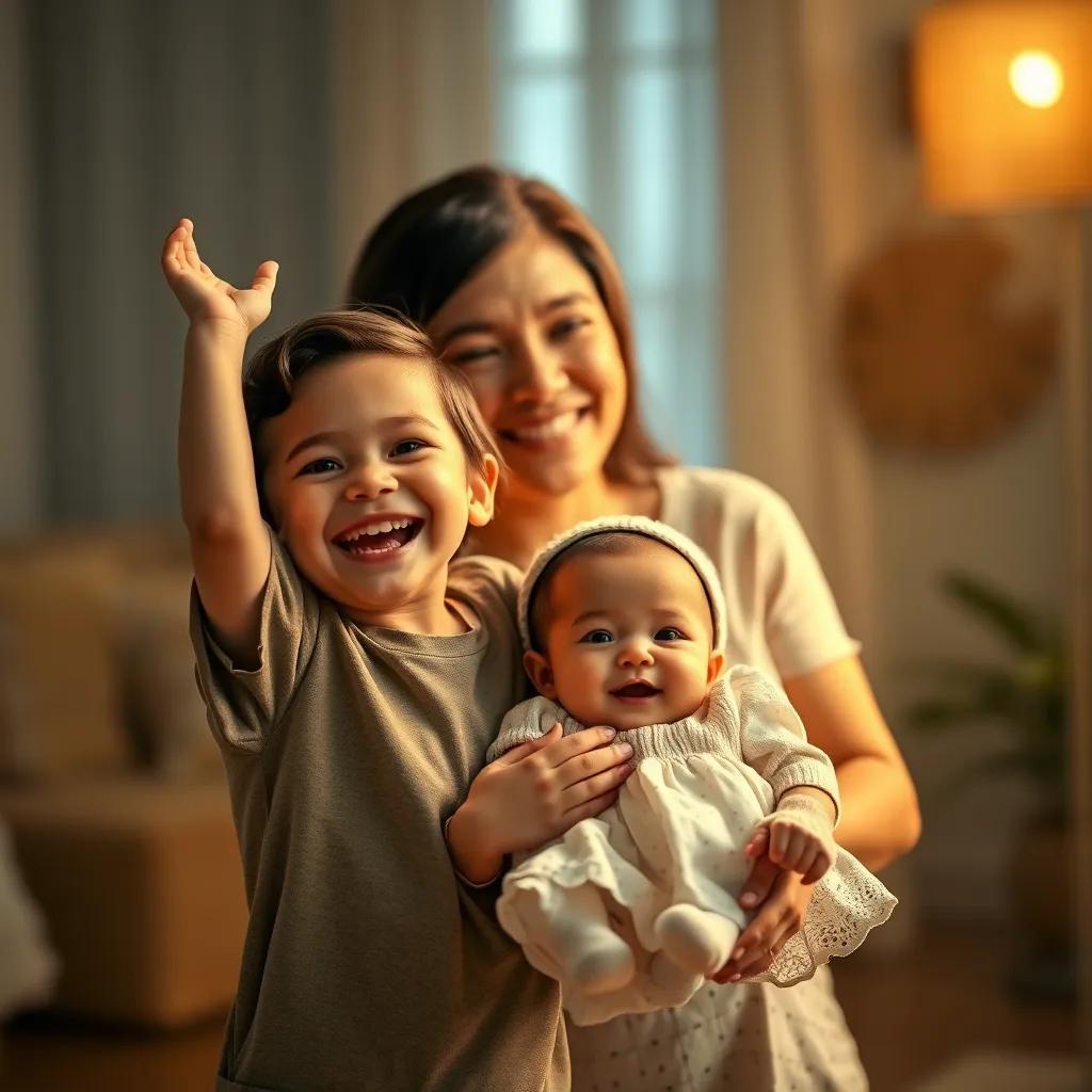 A child, full of excitement, standing beside their mother holding a small baby sister, both have big smiles, a warm glowing light illuminating the scene, high quality