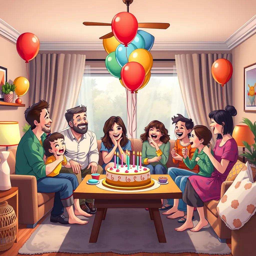 A cozy living room filled with family members celebrating, colorful balloons and cake on the table, laughter and joy in the air, illustration, festive, heartwarming atmosphere, high quality
