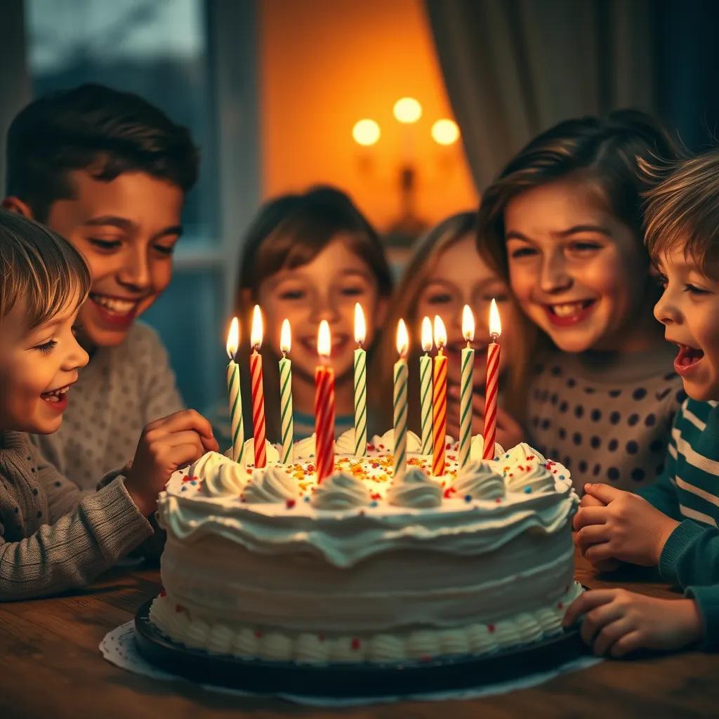 A cake with candles being blown out by children, surrounded by love and laughter, a warm sunset light filtering through the window, soft focus, celebrating family moments, joyful scene