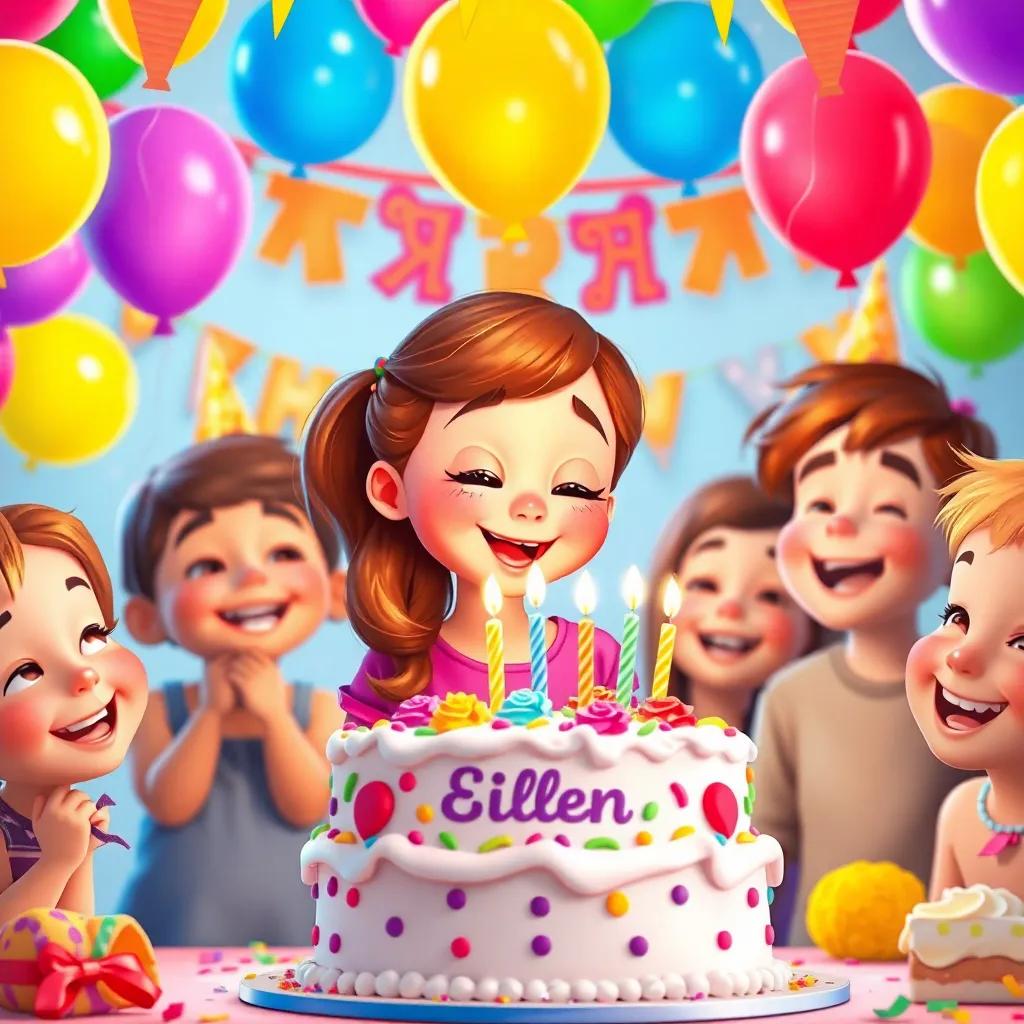 A vibrant birthday party scene with colorful balloons and decorations, young girl named Eileen blowing out candles on a beautifully decorated cake, surrounded by happy friends, digital art, joyful, bright colors, festive atmosphere, high quality