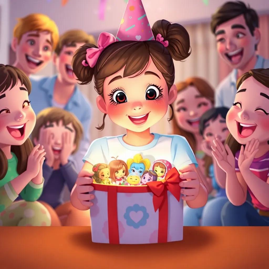 Eileen, a young girl celebrating her birthday, opening a beautifully wrapped gift with colorful dolls inside, friends cheering around her, joyful expressions, illustration, cheerful, warm light, child-friendly perspective, high-quality