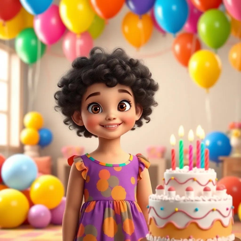 A young Arab girl, ديما, with curly dark hair, wearing a colorful dress, smiling brightly, in a room full of colorful balloons and a beautiful birthday cake, digital art, cheerful atmosphere, vibrant colors, inviting environment, high quality