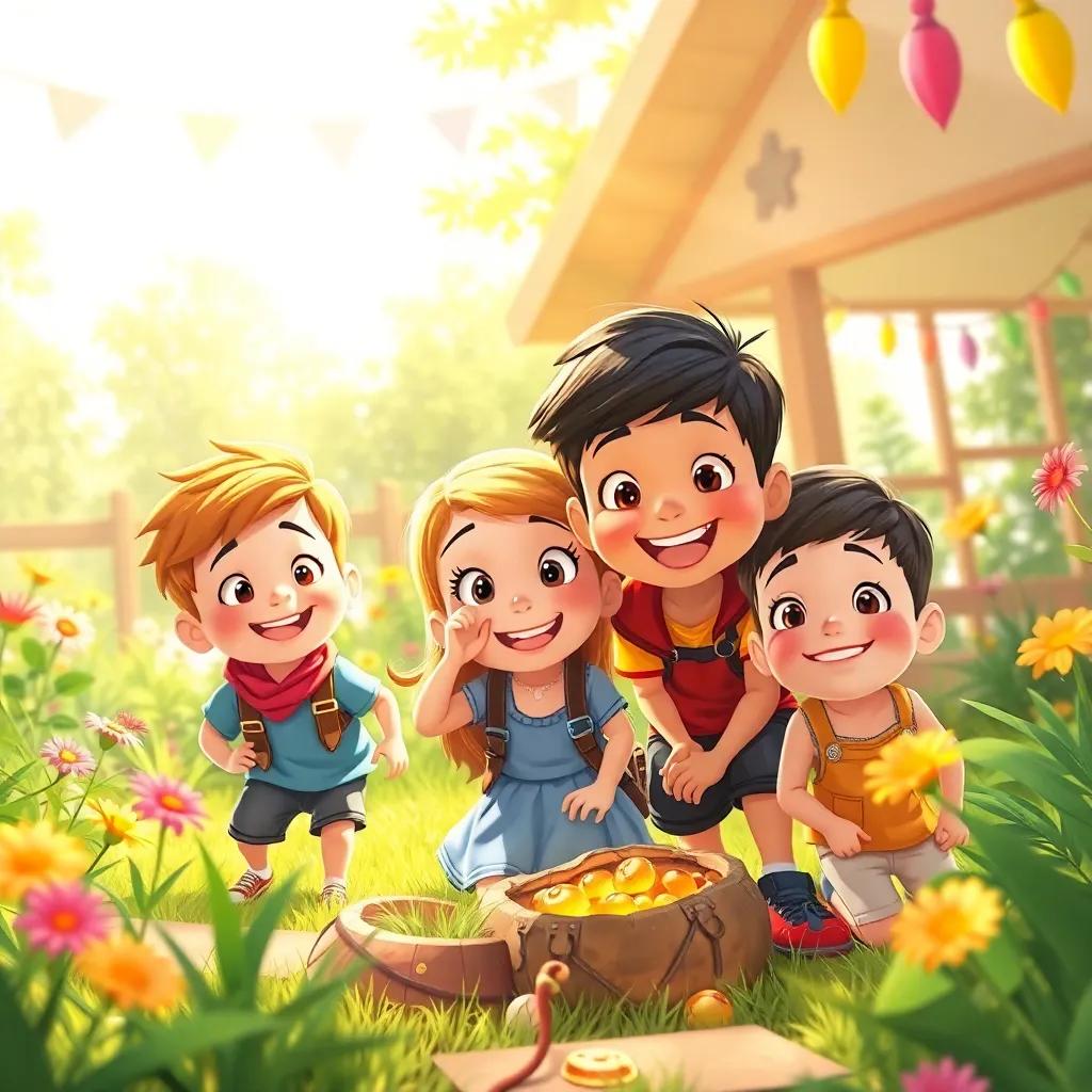 A group of children playing in a sunny garden, ديما, and her friends, looking excited, searching for treasure, with smiles and colorful decorations all around, illustration, playful and adventurous, child-friendly, joyful perspective.