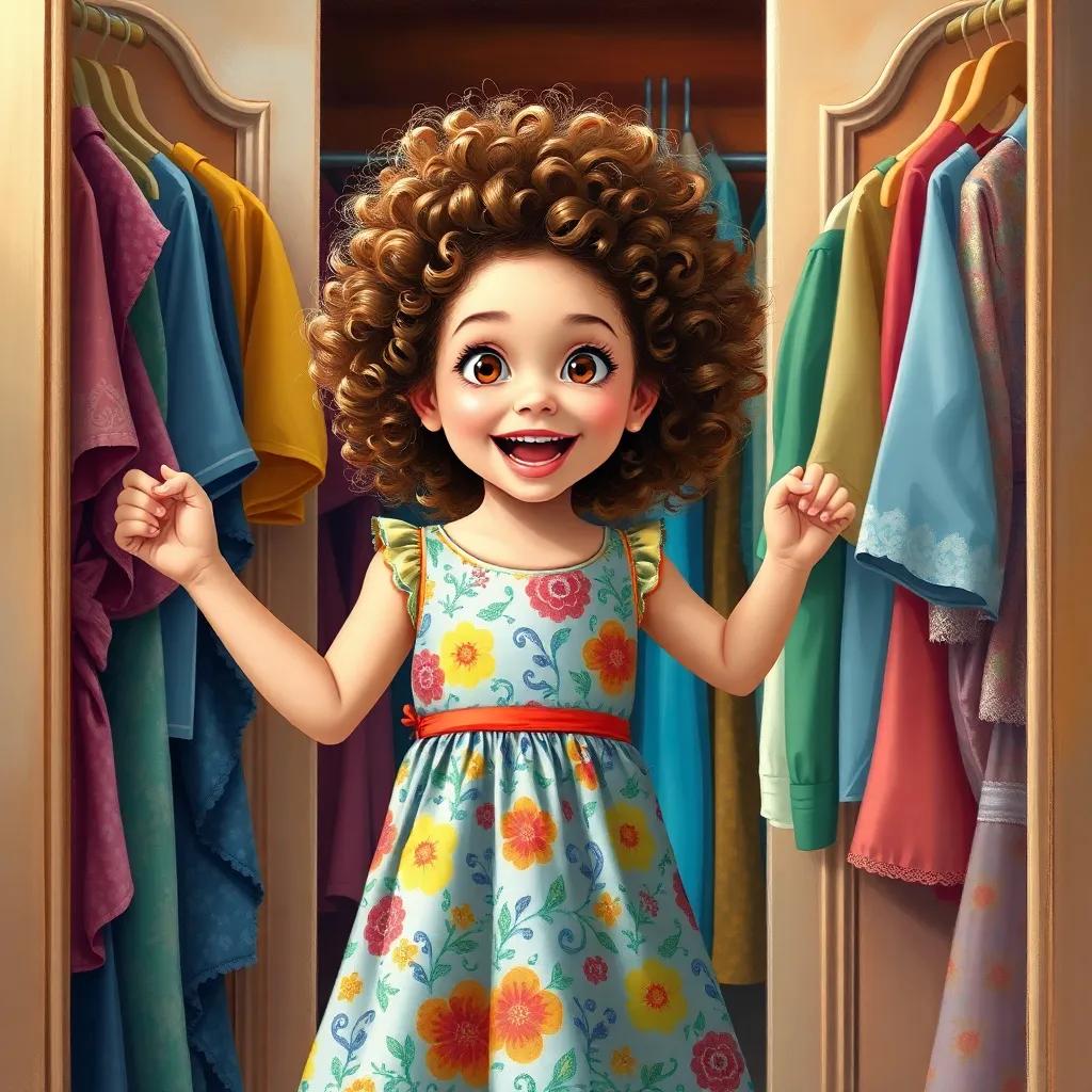 A little girl, Lana, with curly hair, wearing a colorful dress, opening a wardrobe full of clothes, excited expression, bright morning light, cheerful, high quality