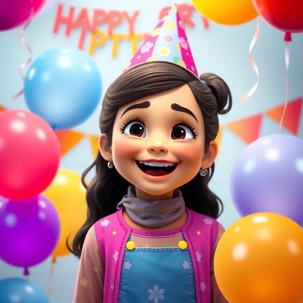 A joyful young Arab girl, Latifa, celebrating her sixth birthday with happy expressions, balloons in vibrant colors, birthday decorations, digital art, cheerful atmosphere, high quality