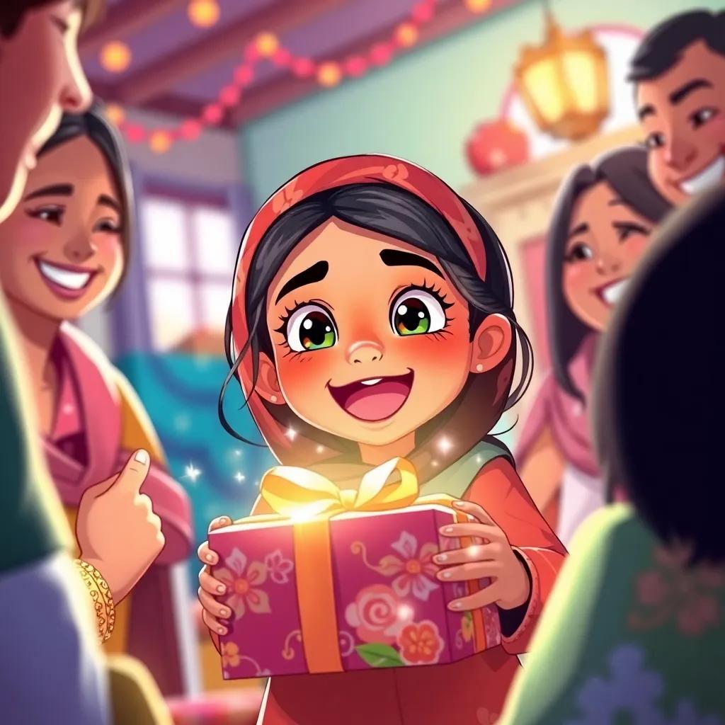 An excited young Arab girl, Latifa, happily opening a beautiful gift with colorful wrapping, surrounded by friends and family, joyful atmosphere, detailed illustration, bright colors, vivid scene, high quality
