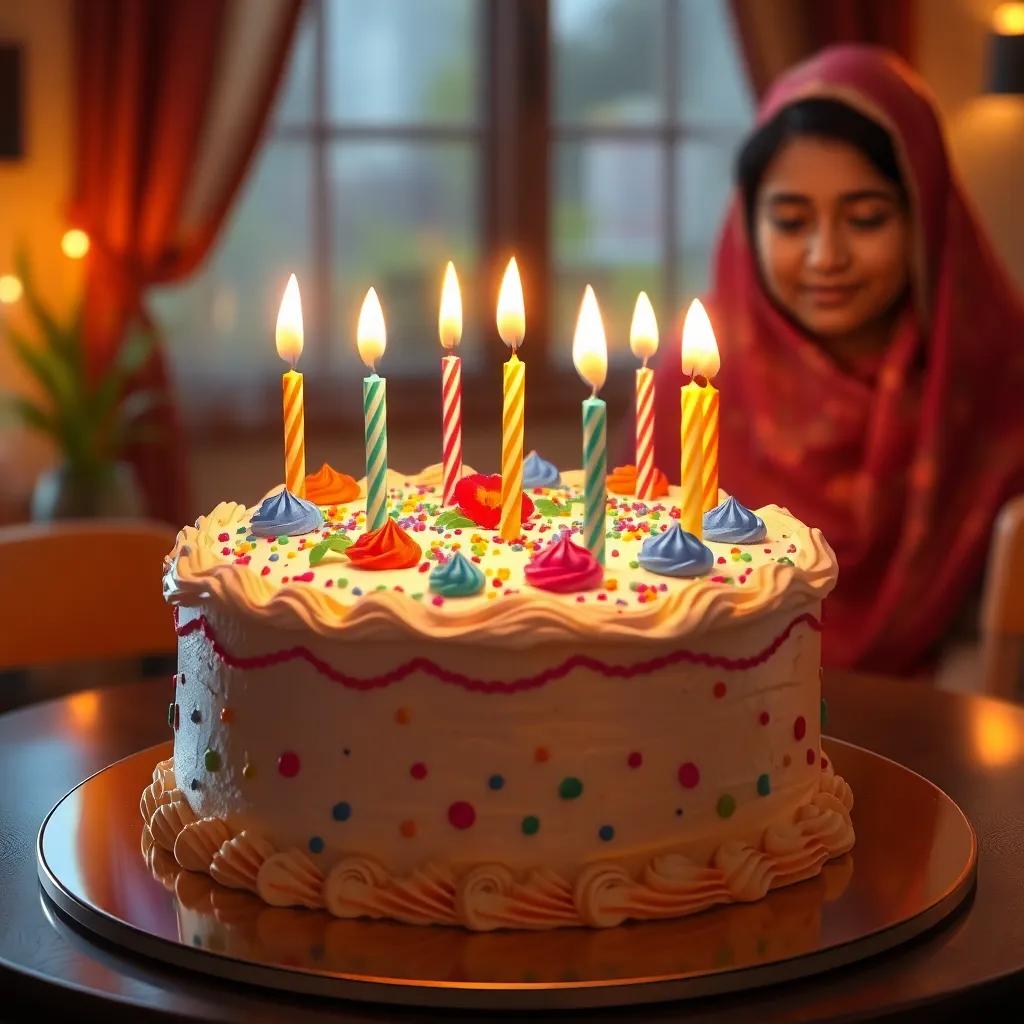 A wonderful birthday cake, beautifully decorated with colorful frosting and lit candles, presented by Najla, Latifa's mother, warm lighting, inviting and festive ambiance, digital painting, high detail, vibrant colors, high quality