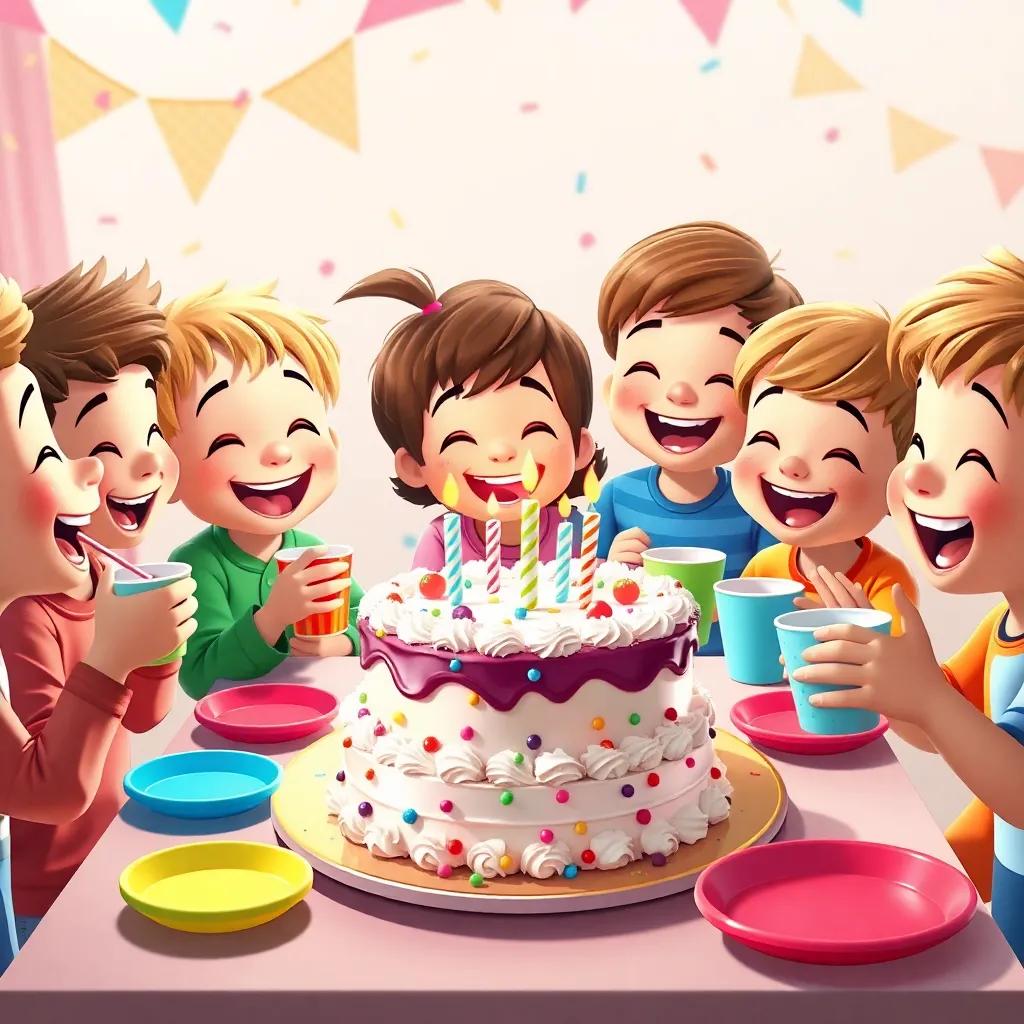 A joyful scene with children eating delicious birthday cake, colorful plates and cups around, smiles all around, fun and laughter in the air, digital art, bright and colorful, high quality