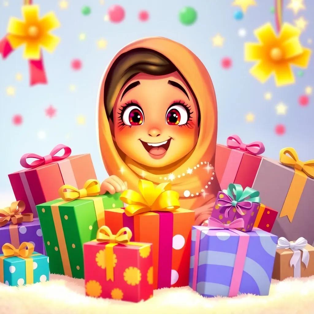A happy moment when gifts are opened, Latifa surrounded by colorful presents, each with a special element, excited looks, digital art, bright and colorful, high quality