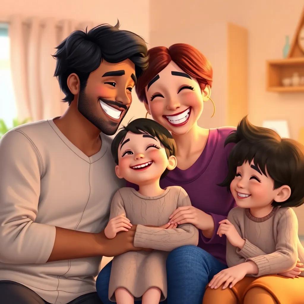 A family together, smiling and enjoying each other's company, emphasizing love and happiness, digital art, warm light, inviting scene, high quality