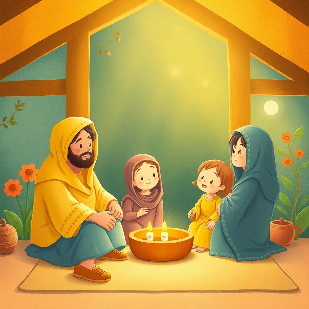 والد لطيفة عبدالله، رجل قوي ذو لحية، مبتسم يرتدي قميصًا أزرق، بجوار الطاولة مع فطور لذيذ، مع إضاءة صباحية، warm light, family gathering, high quality