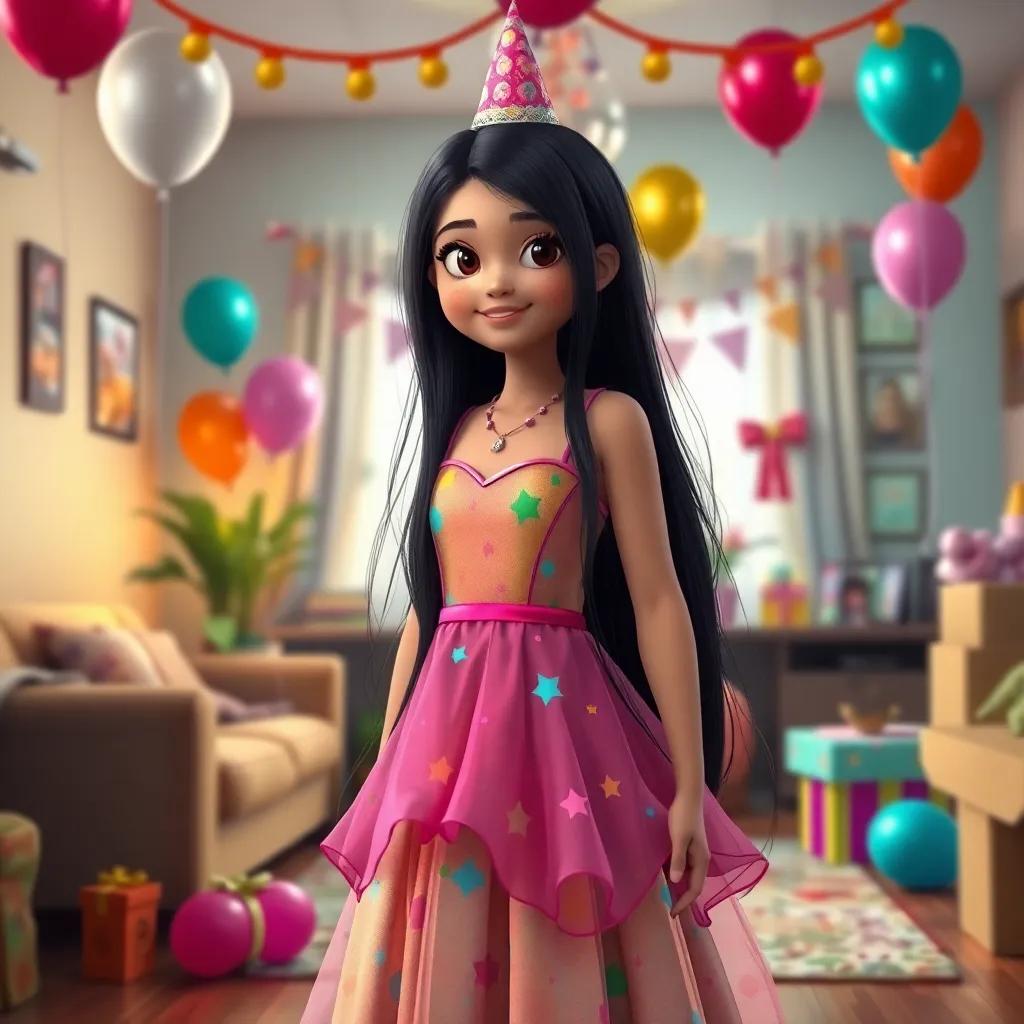 A beautiful young girl, Latifa, with long black hair, wearing a colorful birthday dress, surrounded by balloons and decorations in a festive living room, digital art, cheerful atmosphere, vibrant colors, warm lighting, high quality