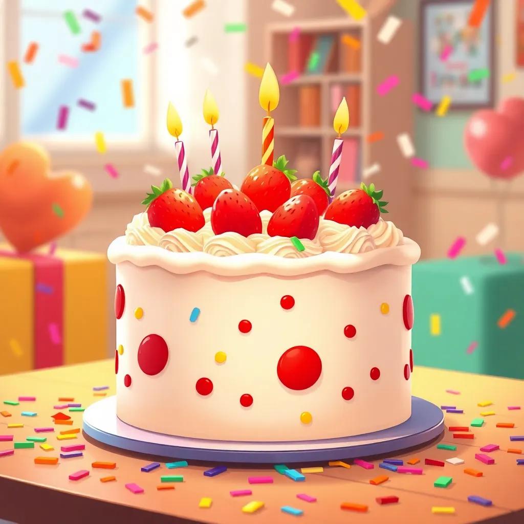 A birthday cake decorated with strawberries and cream, placed on a table, with colorful confetti scattered around, cheerful environment, laughter and joy, illustration, inviting design, bright colors, high quality