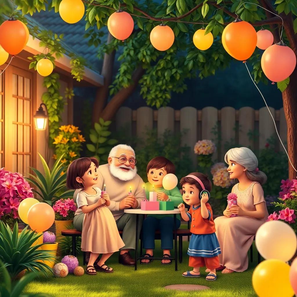 A cozy garden with family members celebrating, including a grandpa and grandma, children playing with balloons, digital art, lively atmosphere, family love, warm light, vibrant colors, high quality