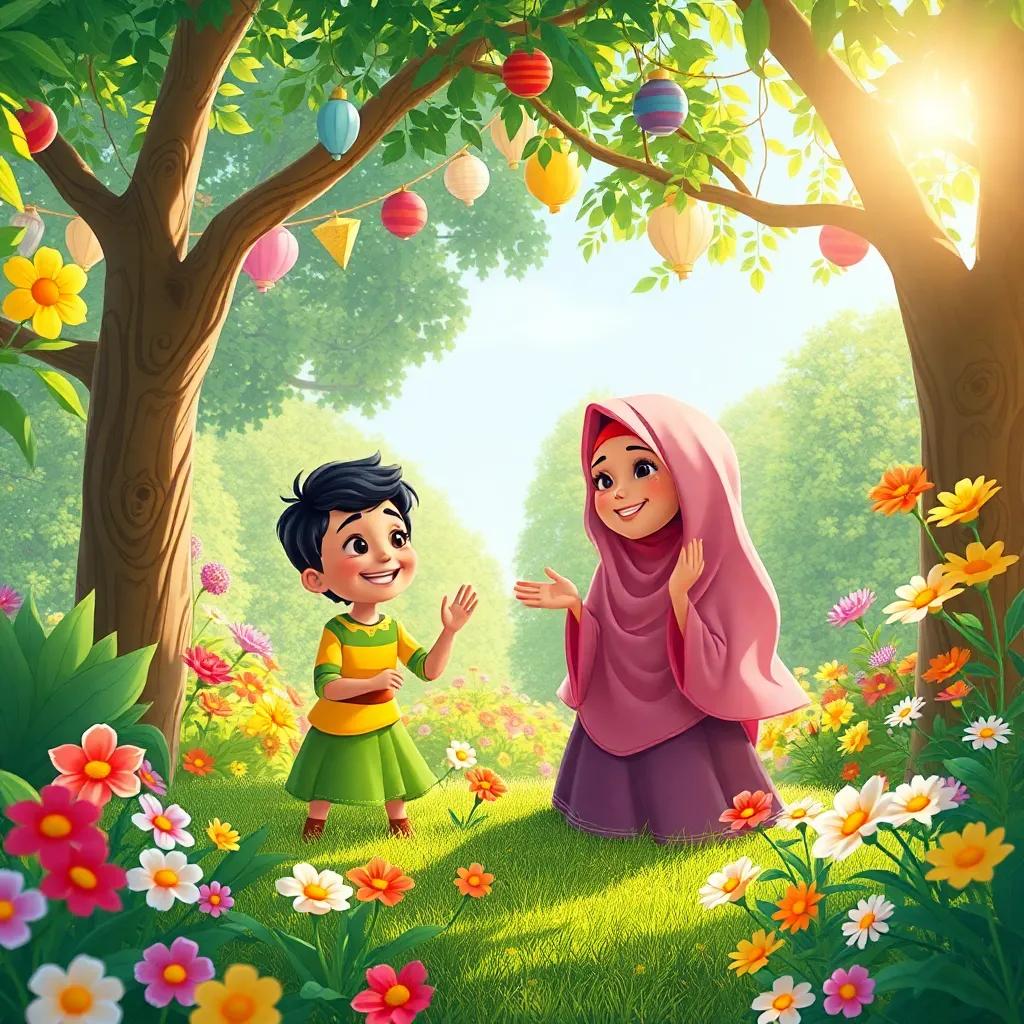 Latifa in a garden playing with friends, bright flowers all around, decorations hung on trees, sunlight filtering through leaves, joyful expression, illustration, cheerful setting, colorful, high quality