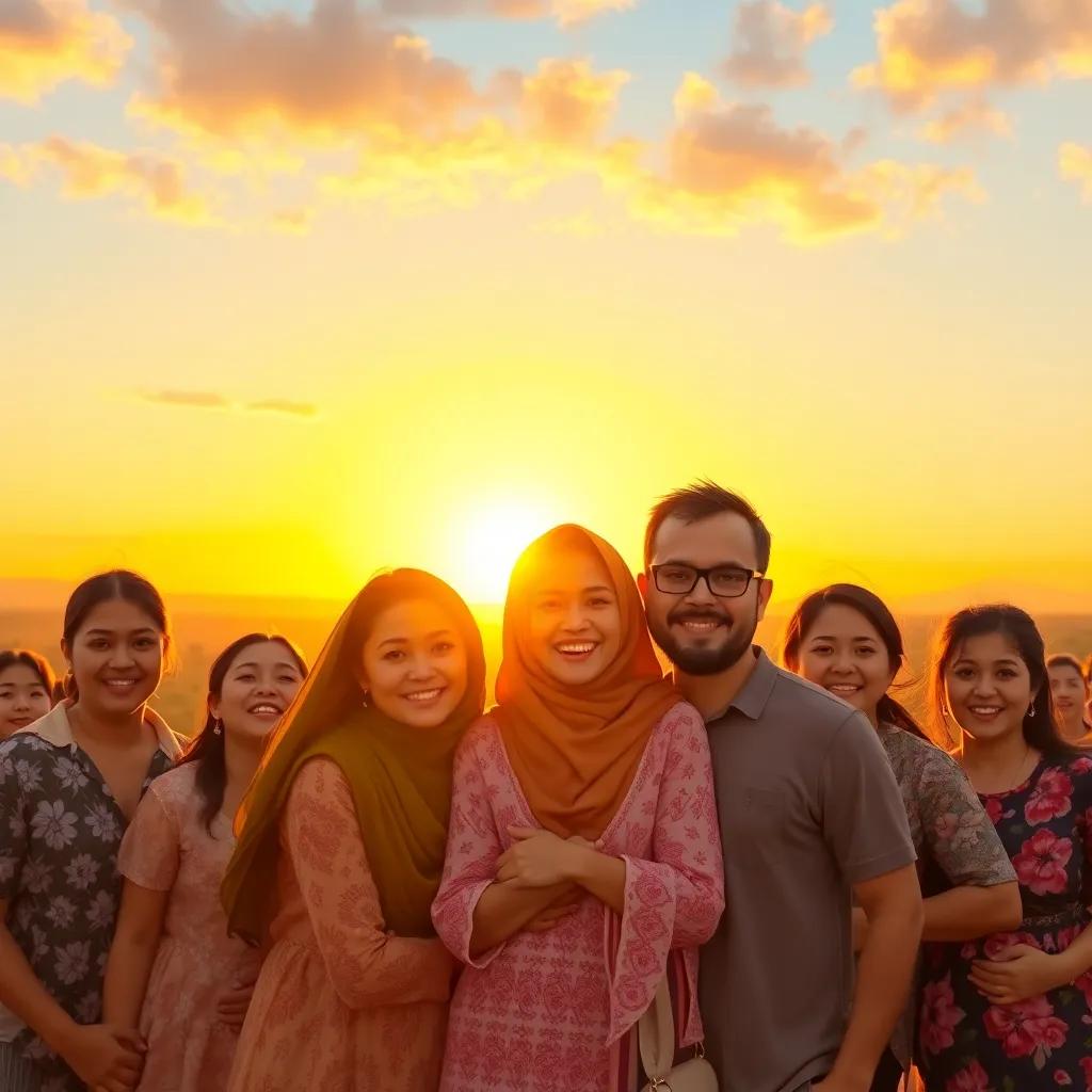 A beautiful sunset with Latifa's family in the background, everyone smiling and taking photos together, warmth and love in the air, digital art, heartwarming mood, rich colors, high quality