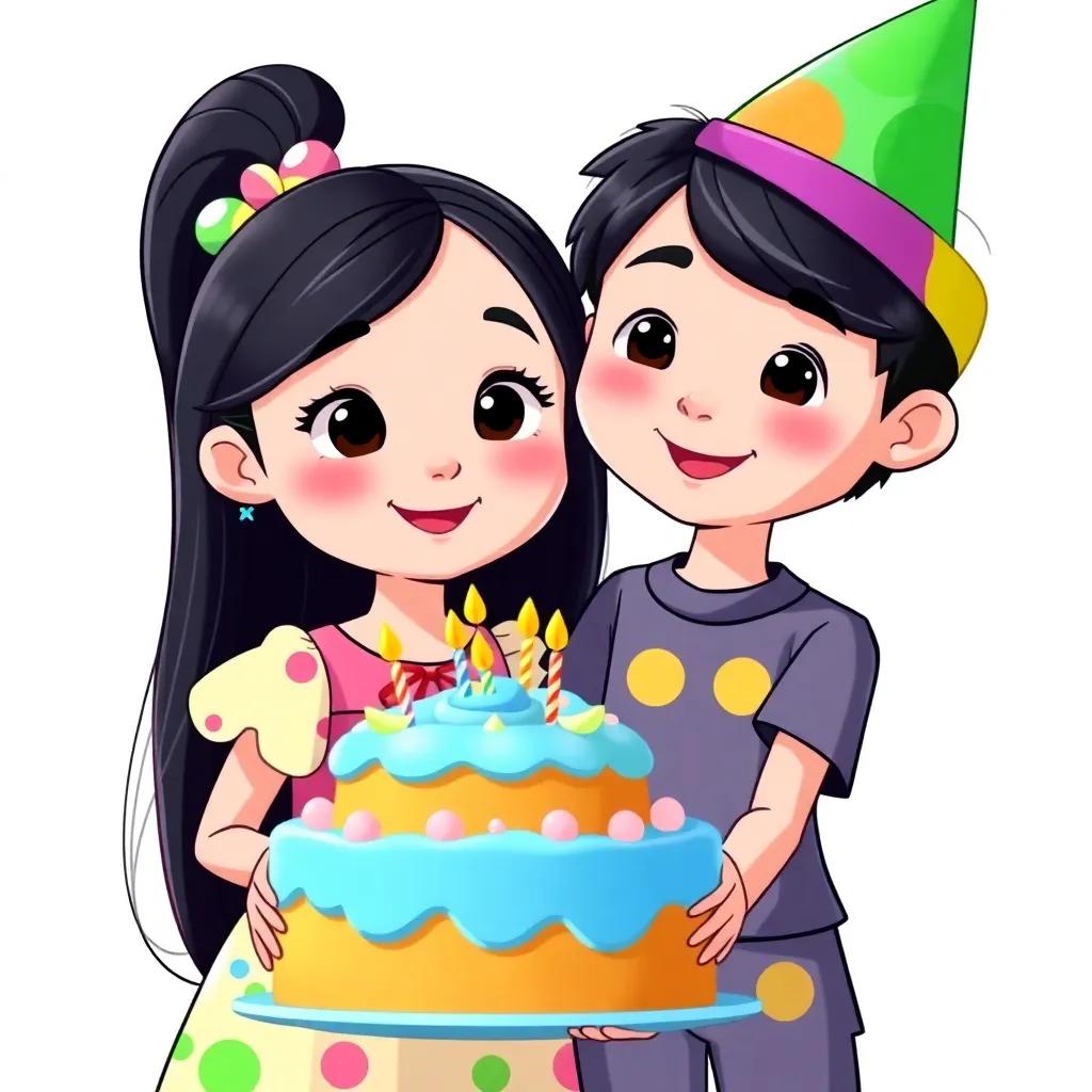 لطيفة, a beautiful young girl with long black hair and a colorful dress, standing next to her brother, جمعة, who wears a colorful hat, holding a large birthday cake with blue frosting, illustration, cheerful, party theme, child-friendly