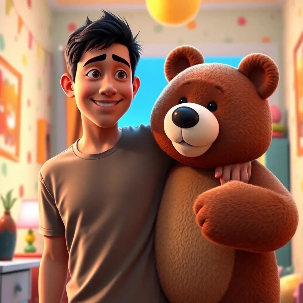 عبدالله, لطيفة's father, a man in his 30s with short black hair, wearing a casual t-shirt, entering the room with a giant bear toy, colorful background, celebrating atmosphere, high quality