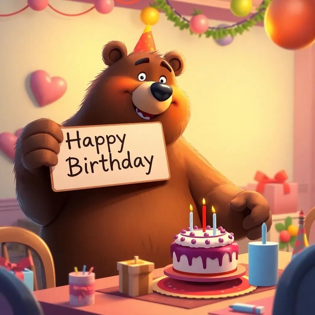 A giant bear with a sign that says 'Happy Birthday', sitting next to لطيفة at the birthday table, colorful decorations around, soft lighting, festive ambiance, cheerful illustration