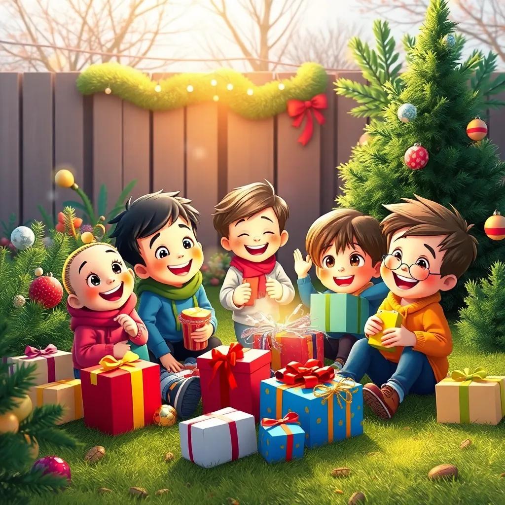 Happy children playing in the garden, surrounded by toys and gifts, joyful expressions, vibrant colors, engaging scene of holiday fun, high detail
