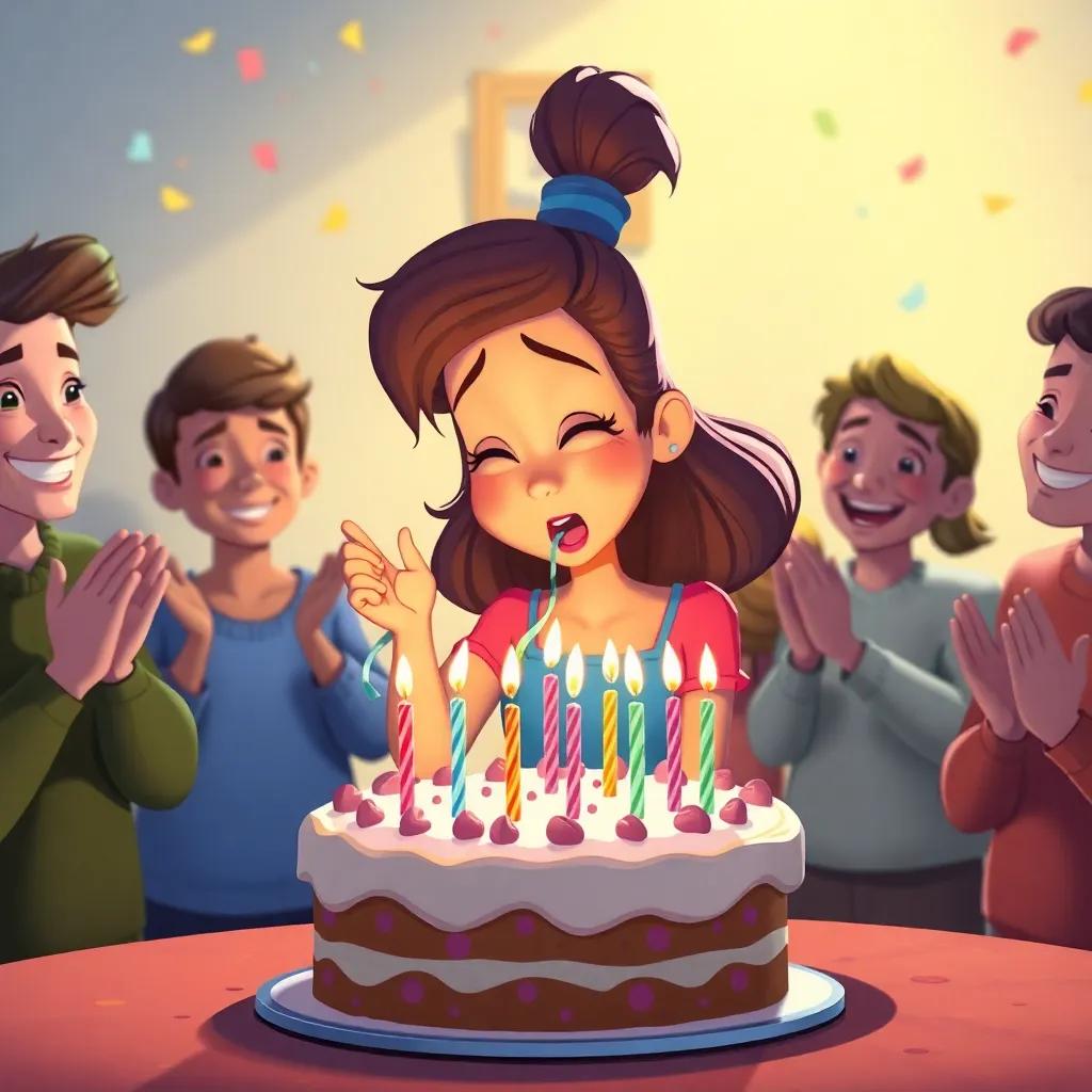 لطيفة blowing out birthday candles on her cake, friends around her clapping and smiling, vibrant atmosphere, celebration moment, colorful textures, delightful illustration