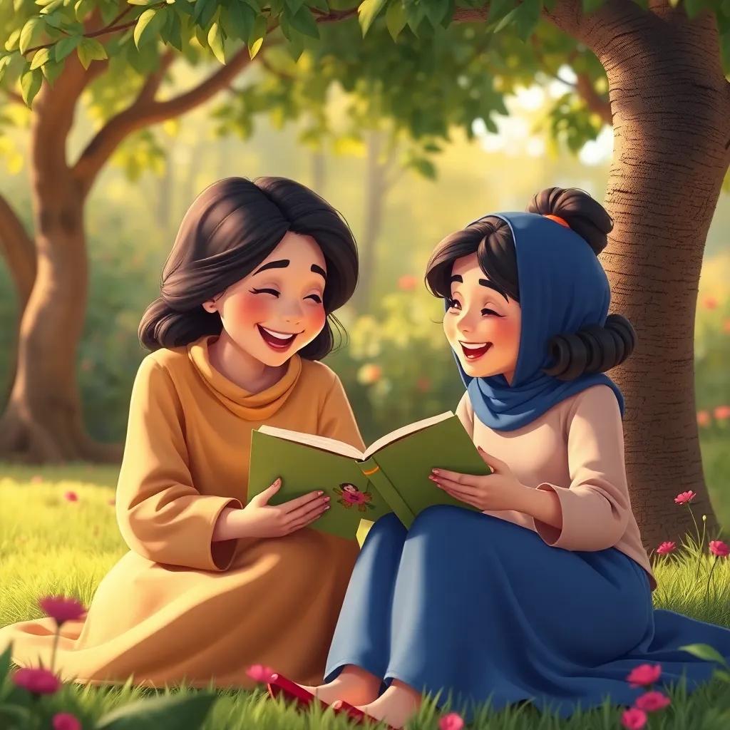 نجلاء, لطيفة's mother, sharing childhood stories with laughter, sitting under trees in the garden, warm, cozy colors, storytelling scene with happy faces, high quality