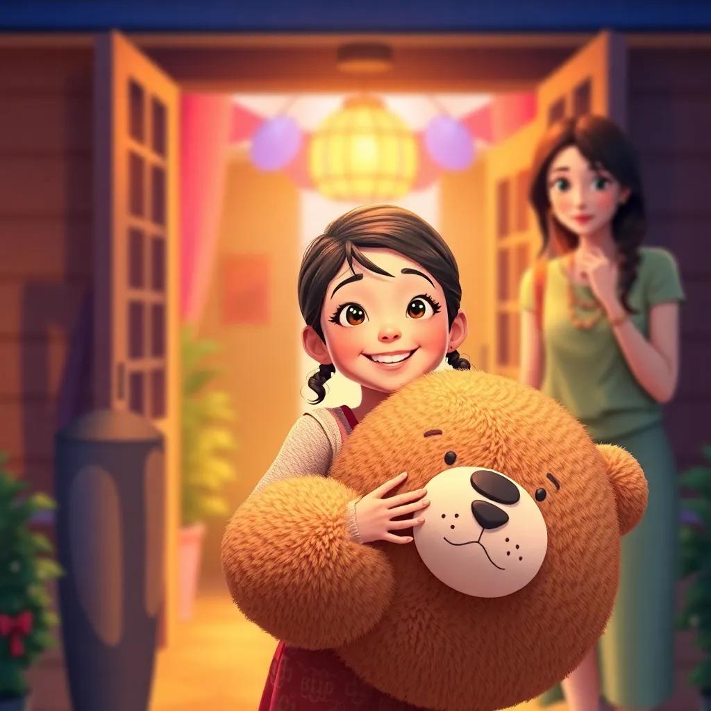 لطيفة, a beautiful young girl, returning home with her parents after the birthday party, smiling and holding her giant bear, portrait scene of happiness, warm light, vibrant colors