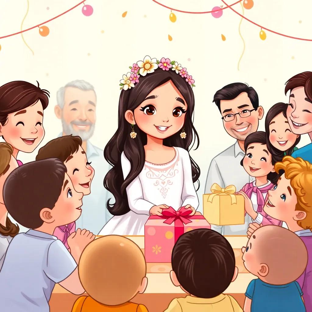 Maha, a young Arabic girl with long dark hair in a white dress and flower crown, receiving beautiful gifts from friends and family at her birthday party, surrounded by smiling children and adults, joyous and festive atmosphere, digital illustration, bright and inviting colors, high quality