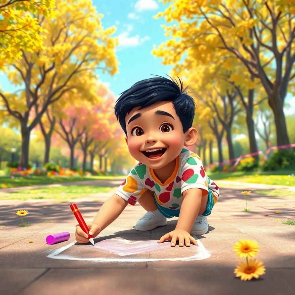 A joyful young boy, Omar, with short black hair and wearing a colorful t-shirt and shorts, drawing with chalk on the ground in a sunny park filled with trees and flowers, digital art, cheerful atmosphere, bright and vibrant colors, high angle view, engaging
