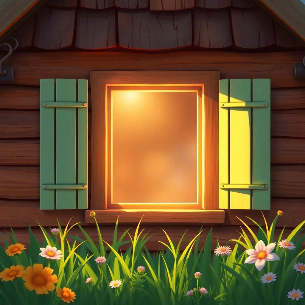 A bright square window on a cozy house, with sunlight streaming through, surrounded by green grass and flowers, digital painting, detailed, warm colors, inviting feel, high quality