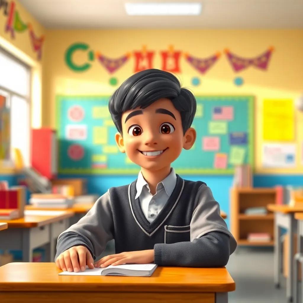 A young Arab boy, Omar, with short black hair, wearing a school uniform with a bright smile, sitting at a desk in a classroom filled with books and vibrant decorations, digital art, educational environment, colorful, inspiring atmosphere, high quality