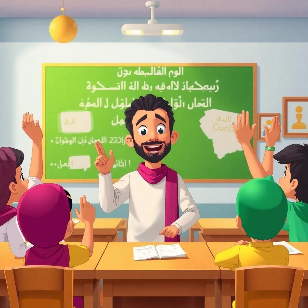 A classroom scene with Omar and classmates, some raising their hands excitedly, discussing the importance of the Arabic language, bright and cheerful, filled with cultural artwork, illustration, child-friendly, engaging