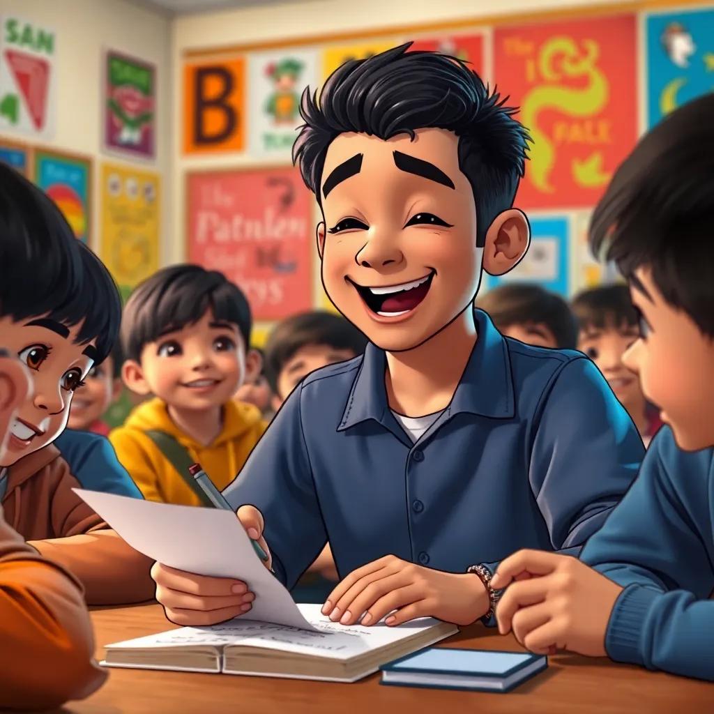 Omar, enthusiastically writing poetry on a piece of paper, surrounded by classmates who are watching him with admiration, details of colorful posters on the walls, classroom atmosphere, cheerful, vibrant, high detail