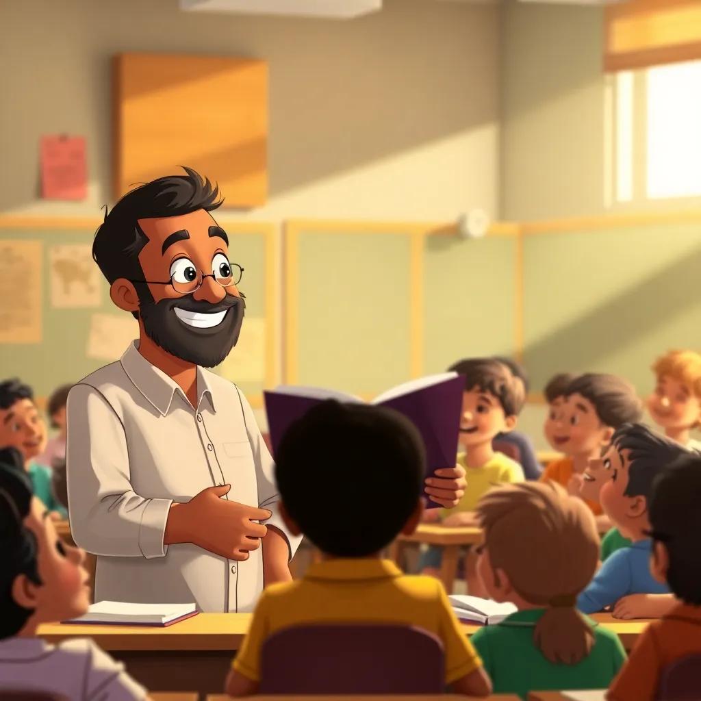 A teacher smiling proudly at Omar as he reads his poem to the class, the classroom filled with happy faces, warm lighting, inspiring moment, illustration, positive vibe, high quality