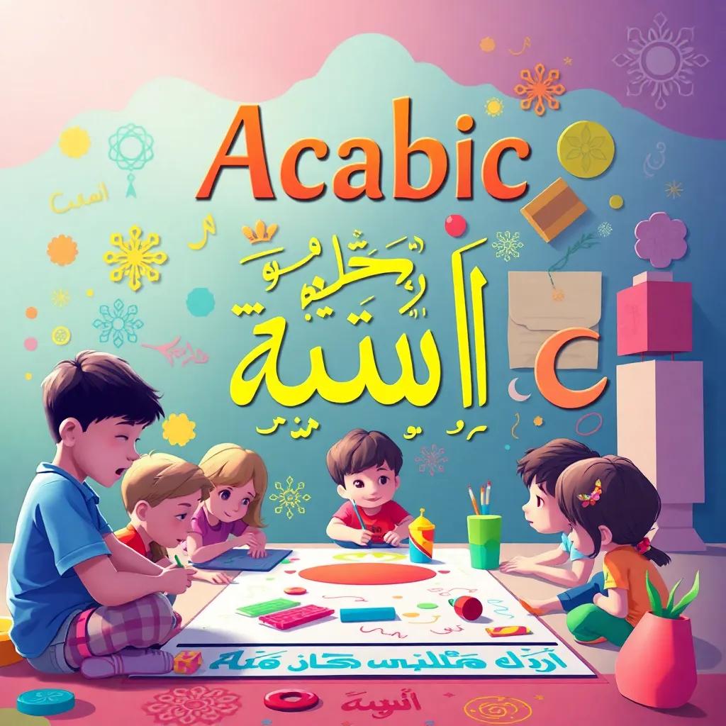 A colorful poster showcasing the beauty of the Arabic language, symbols and motifs, with children in the background creating their art, vibrant colors, educational art, engaging perspective, high quality