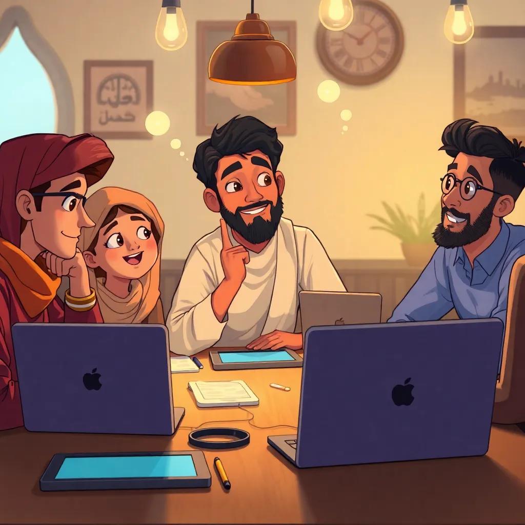 A thoughtful Omar with a group of friends brainstorming ideas using technology to share their love for Arabic, with laptops and tablets on the table, creative atmosphere, lively, high detail, inspiring