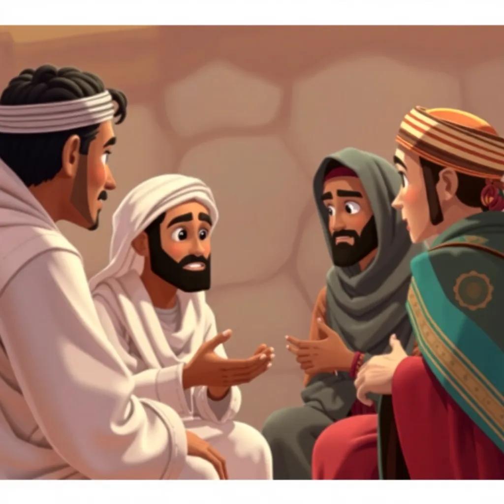 A discussion between Omar and his friends about preserving the cultural heritage while using artificial intelligence, showing determination among them, digital art, heartwarming, warm colors, engaging scene, high quality