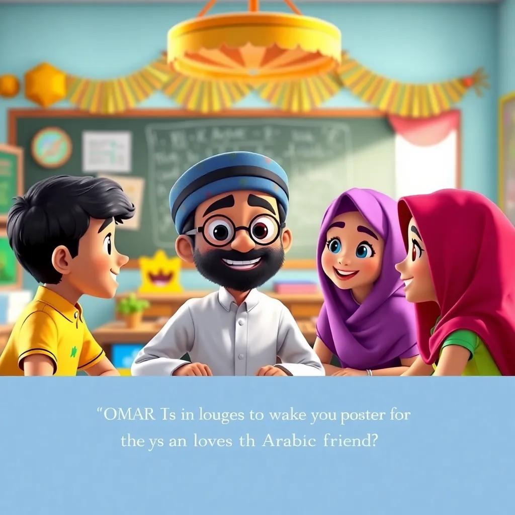 Omar and friends promising to work together for their love of Arabic language, exchanging ideas with joyful expressions, colorful classroom with bright decorations, lively scene, high detail, digital art