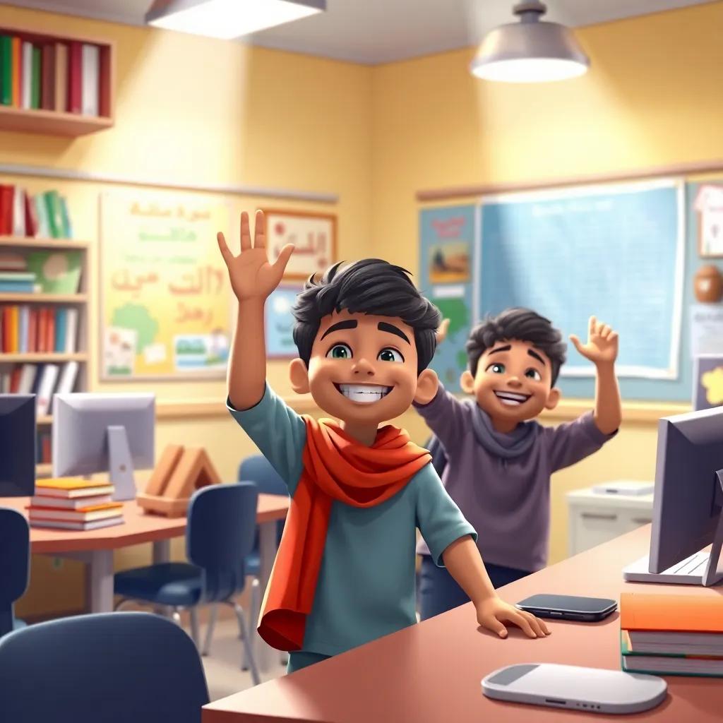 A bright classroom lighting, with books, computers, and posters about the Arabic language as background for Omar and his friends celebrating their culture, conveying joy and creativity, illustration, creative environment, high quality