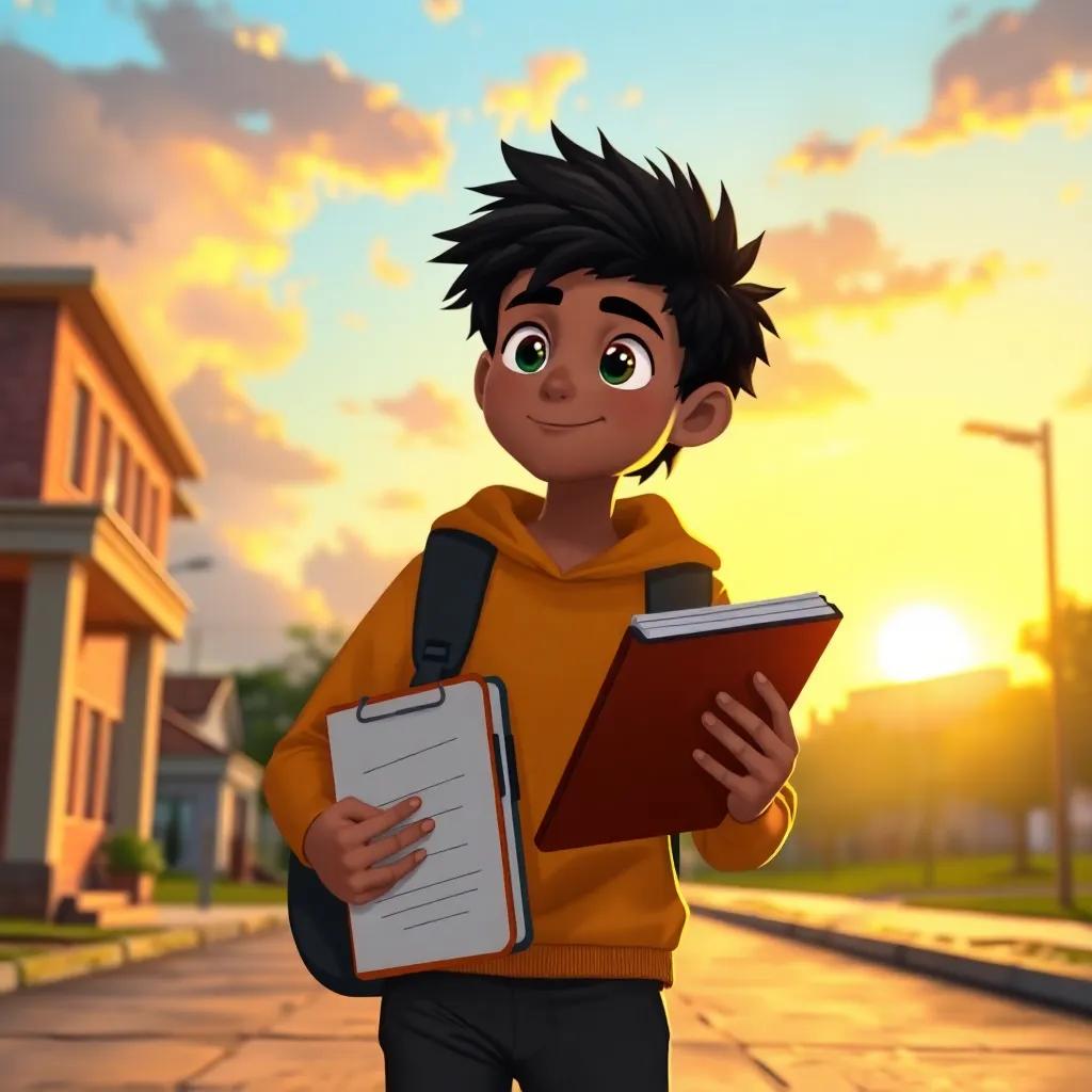 Omar looking determined and proud as he leaves school, holding a notebook with his poems, with a beautiful sunset in the background reflecting his bright future, dreamy colors, inspiring scene, high quality