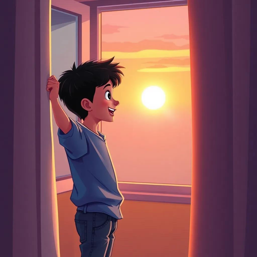 A young Arab boy, عمر, with short black hair, wearing a blue shirt and jeans, excitedly looking out of his window at the sunrise, digital art, warm colors, cheerful atmosphere, high quality