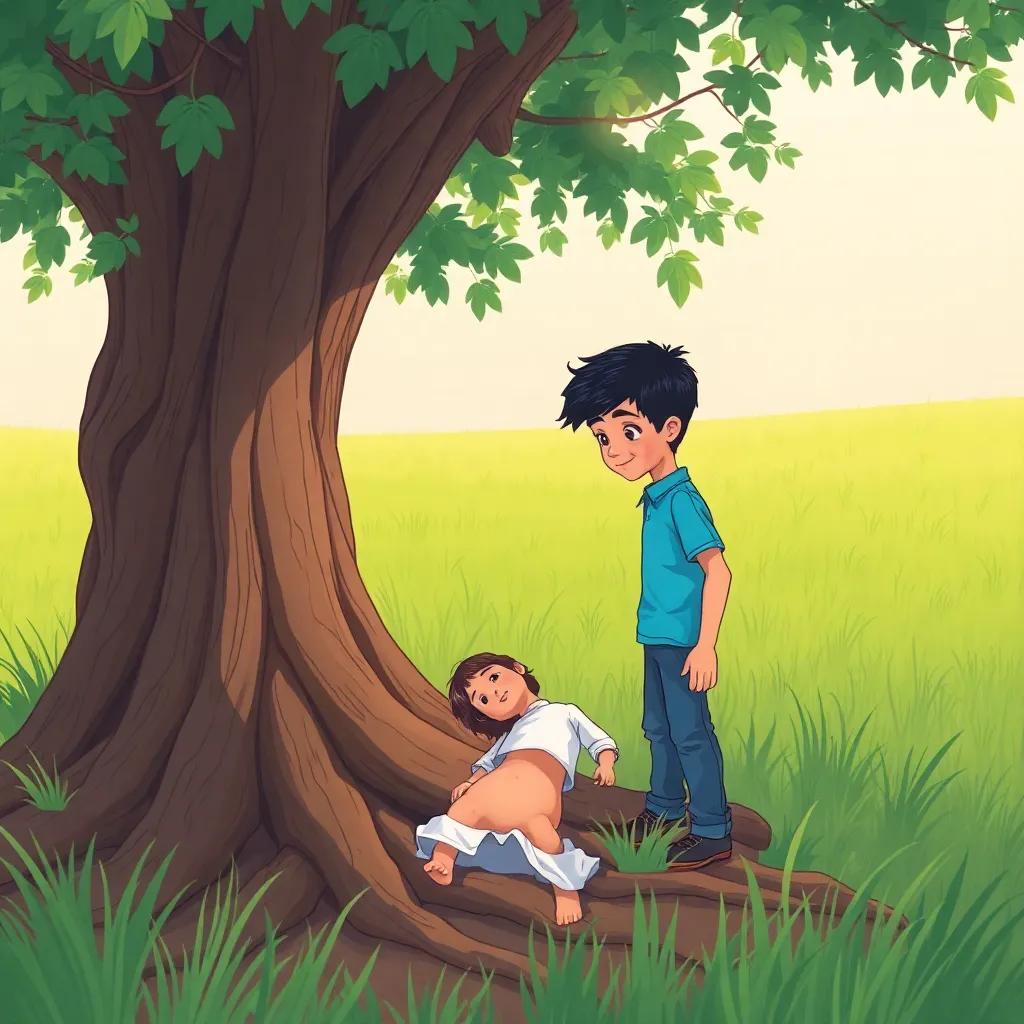 A young Arab boy, عمر, with short black hair, wearing a blue shirt and jeans, standing in a green field under a big tree, discovering a broken doll at the tree roots, colorful illustration, adventurous mood, child-friendly
